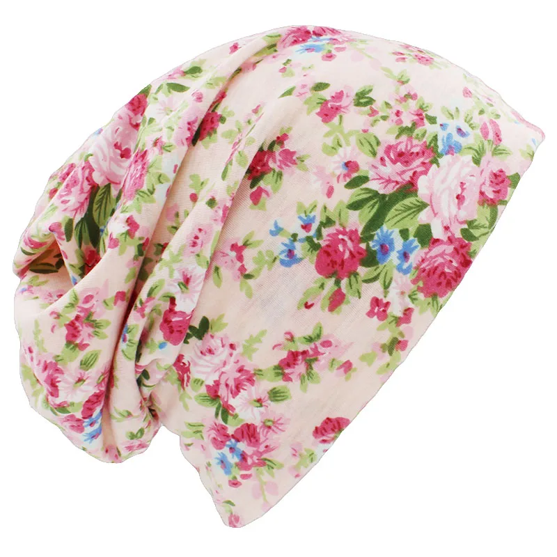 ALTOBEFUN Autumn Winter Women Thin Skullies Beanies Floral Design Multifunction Hats For Girl Lady Fashion Feminino Scarf BHT098