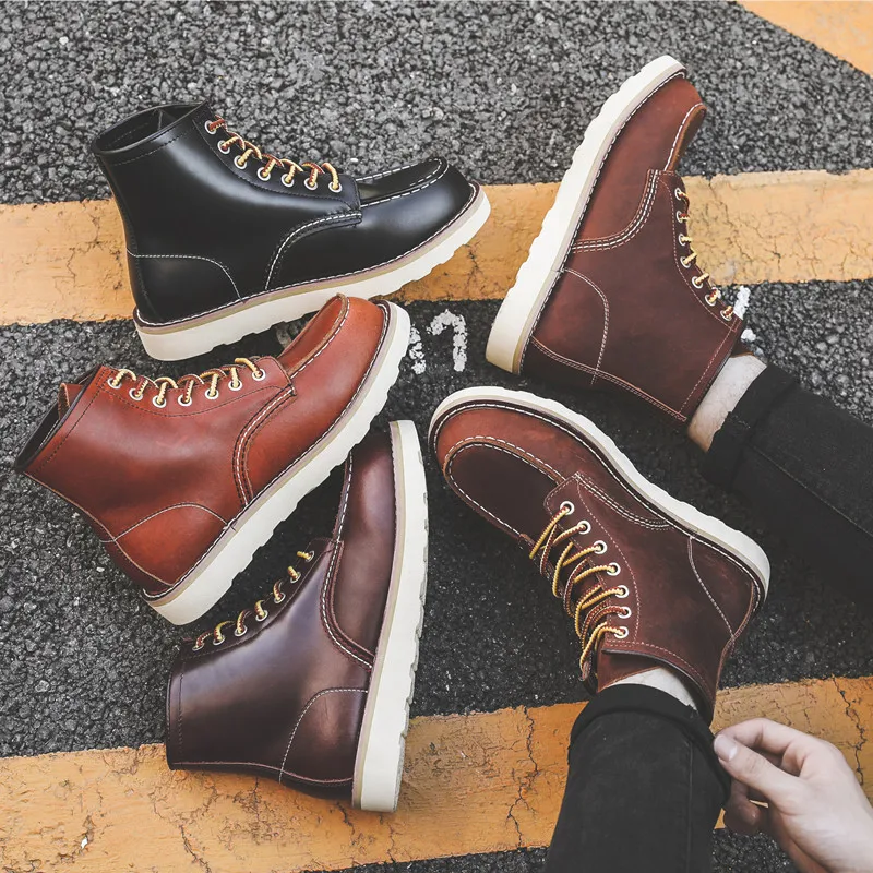 Yomior Luxury Brand Handmade Men Boots Vintage Casual Autumn Winter Cow Leather Shoes British Ankle Boots Wings Motorcycle Boots