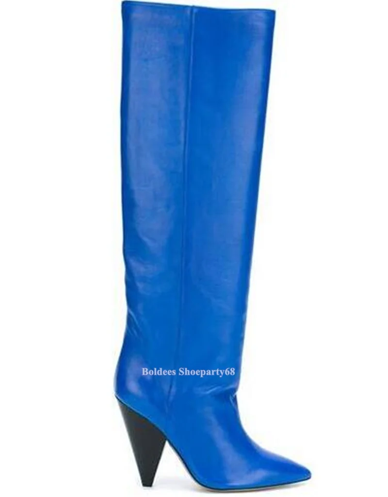 

Abnormal High Heeled Pointed Toe Fashion Blue Red Leather Woman Knee High Boots Designer Long Rain Botas