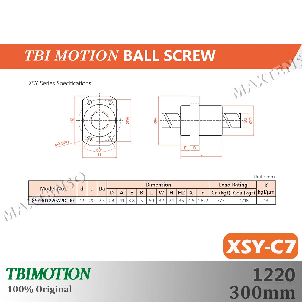 

TBI Motion XSYR1220 XSY C7 Рулонный шариковый винт 20 мм R12 Профессиональная 300 мм резьбовой вал Шариковая гайка Высокоточный ЧПУ