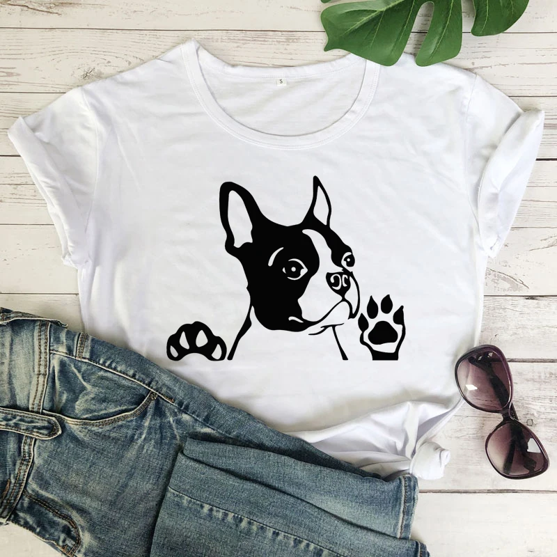 Boston Terrier Graphic T-shirt Cute Women Short Sleeve Hipster Grunge Cotton Tee Shirt Top Funny Dog Mom Gift Tshirt Drop Ship