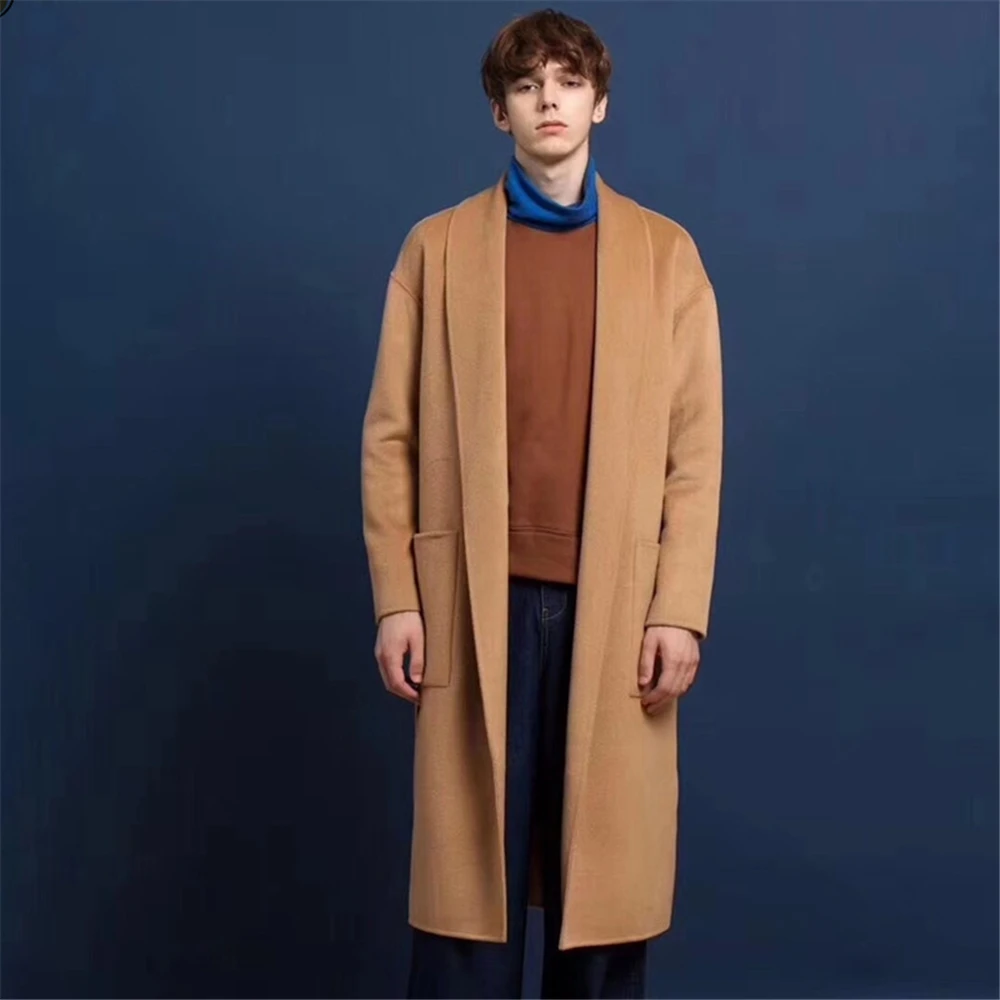 Winter Men's Woolen Coat 2021 England Style Casual Solid Thick Plus Belt V-Neck Coat Formal