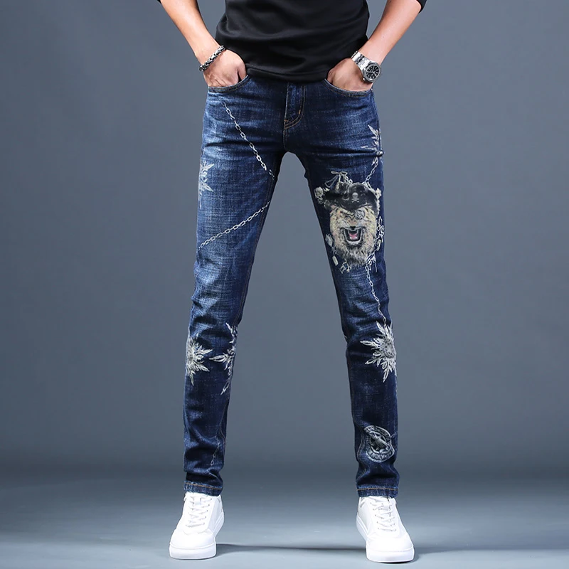 

Free Shipping New Male fashion men's jeans Printed Hole Jeans Casual Pants 2019 Autumn Korean Trend trousers