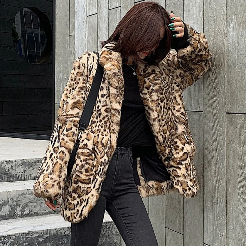 Ladies Luxury Leopard Print Real Fur Suit Jackets Vintage Rabbit Fur Long Sleeve Coat Winter Fashion Office Warm Outwear Female