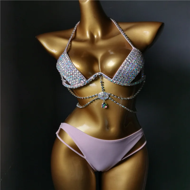 2021   Venus Vacation latest design high quality sexy girl rhinestones pink bikini bling swimwear