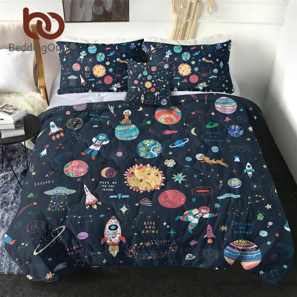 BeddingOutlet Outer Space Quilt Set Universe Bedding Set Cartoon Home Decor 3d Printed Rocket Bedclothes for Kids Cute Edredom