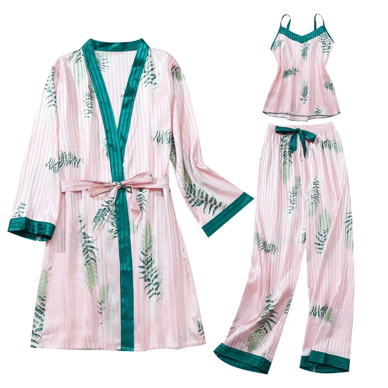 Women Pajamas 3 Pieces Silky Satin Sleepwear Japan Style Kimono Set Sexy Home Clothing Sleep Lounge Pyjamas Underwear Lingerie