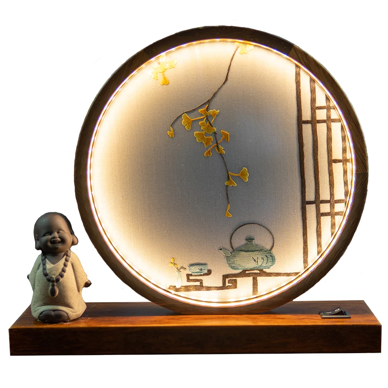 Hand Fine Silk Embroidery Patterns Chinese Bedside Lamp Home Decorations Bedroom Desk LED Light Craft Ornaments with Wood Frame