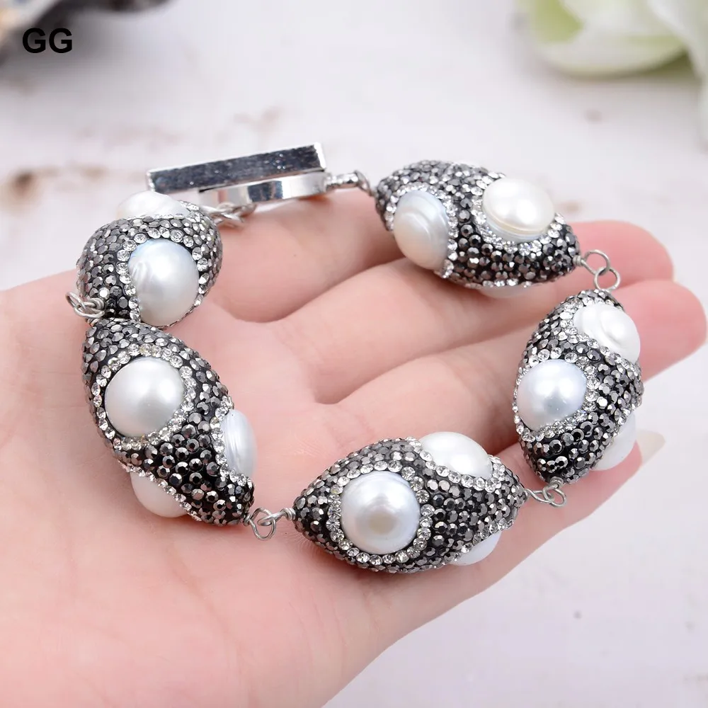GuaiGuai Jewelry Freshwater Cultured White Pearl Black Rhinestone Pave Olive shape Bracelet 8.5‘’
