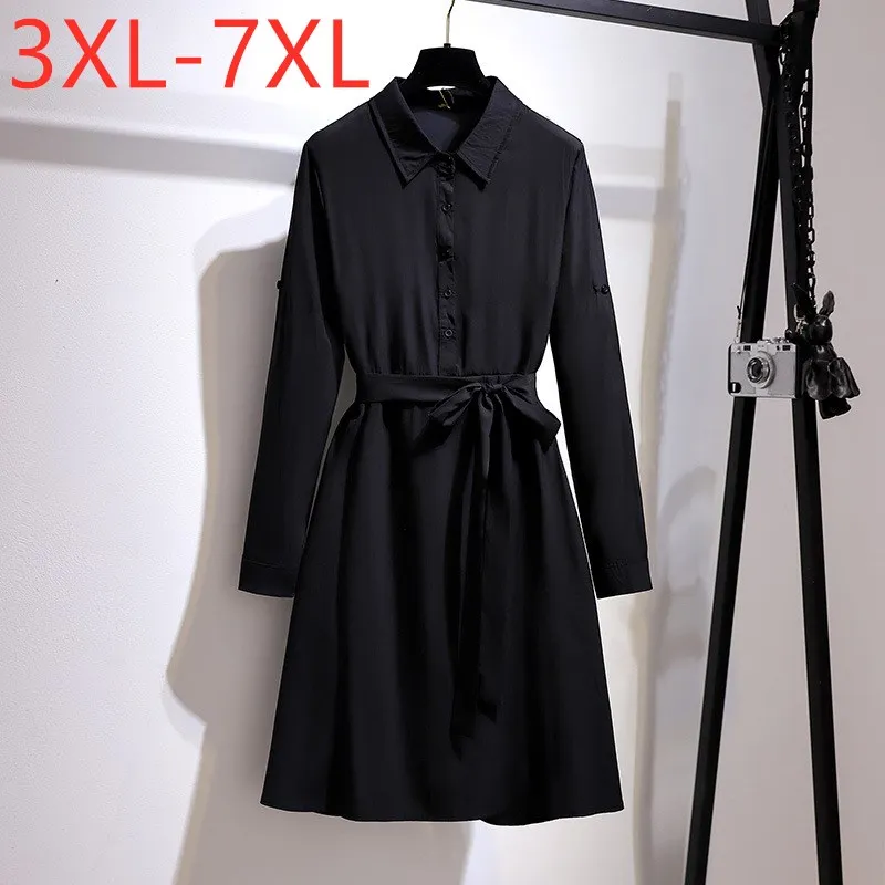 New 2021 Ladies Spring Autumn Plus Size Shirt Dress For Women Large Long Sleeve Button Black Belt Dress 3XL 4XL 5XL 6XL 7XL