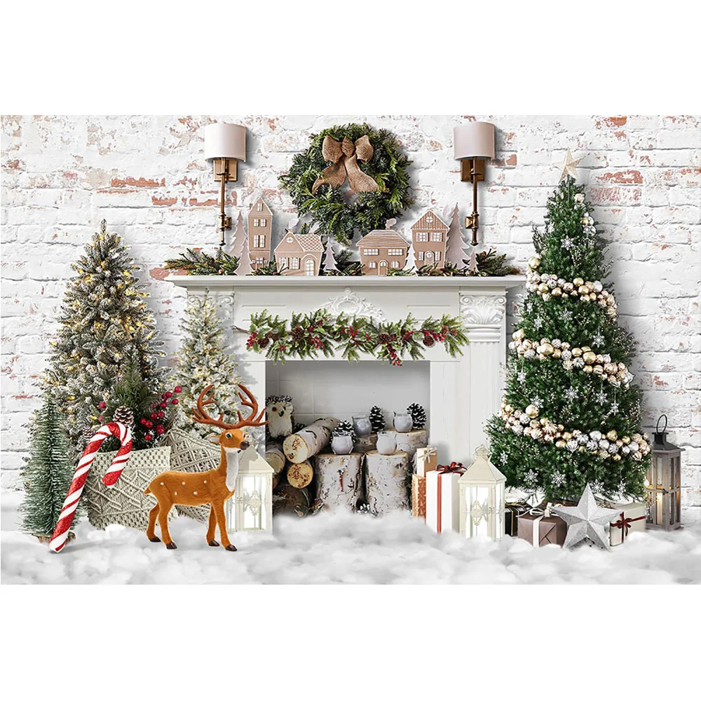 الشتاء الاطفال كعكة عيد ميلاد سحق التصوير الفوتوغرافي الطوب الأبيض شجرة عيد الميلاد الموقد خلفية الثلوج الهدايا لعبة الرنة صورة تبادل لاطلاق النار