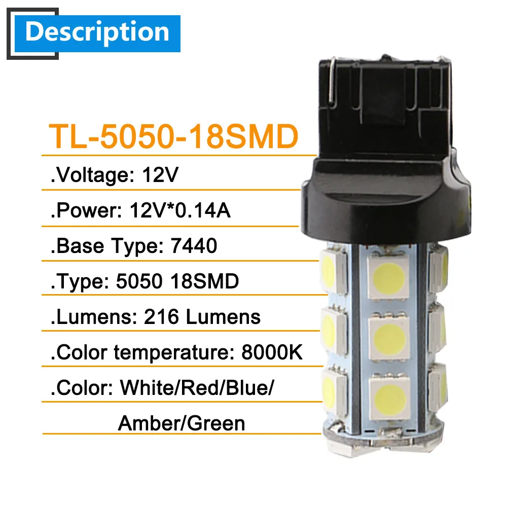 7440 T20 2pcs DC12V 18 SMD 5050 LED Bulb Lamp Car Indicator Turn Signal Reverse Tail Lights White Red Yellow Green Amber
