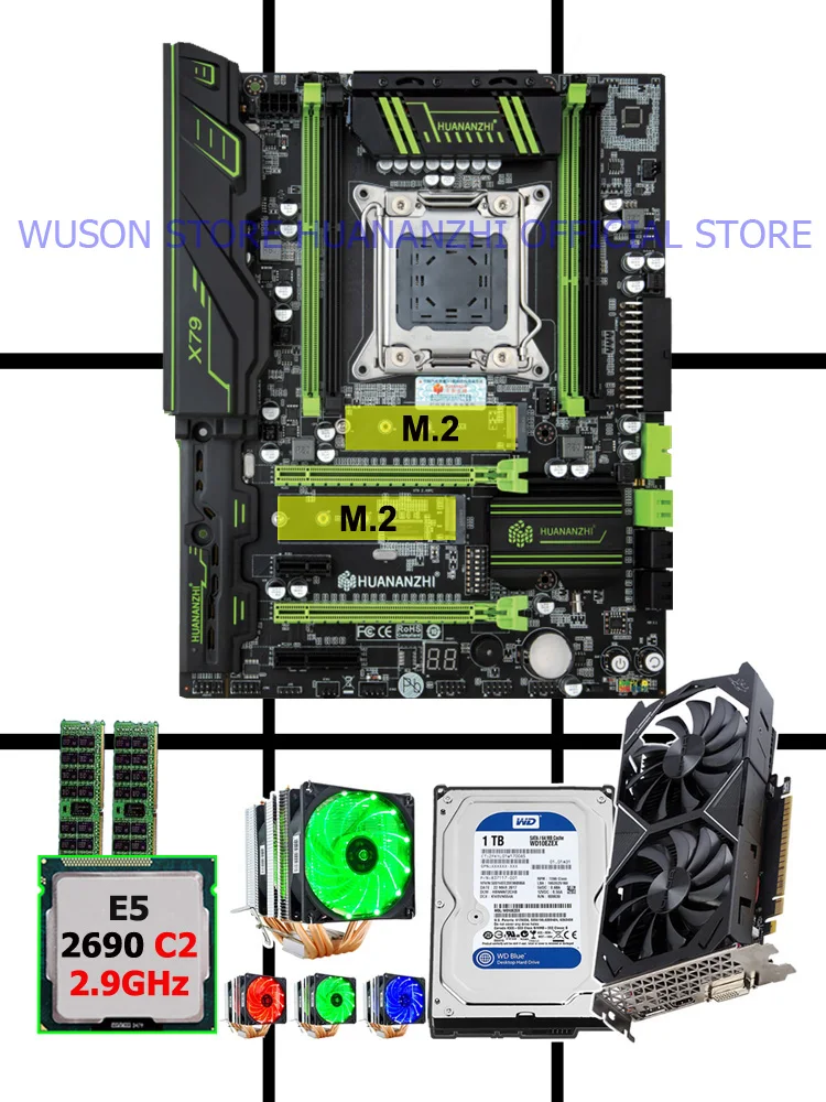 HUANANZHI X79 Gaming Motherboard Set Dual M.2 SSD Slot Xeon CPU E5 2690 2.9GHz RAM 16G 2*8G RECC Video Card GTX1050Ti 4G 1TB HDD