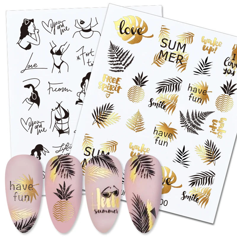 Summer Gold Black Leaves Tree Nail Sticker Geometrics Lines Butterfly French Water Transfer Sticker DIY Nail Decoration