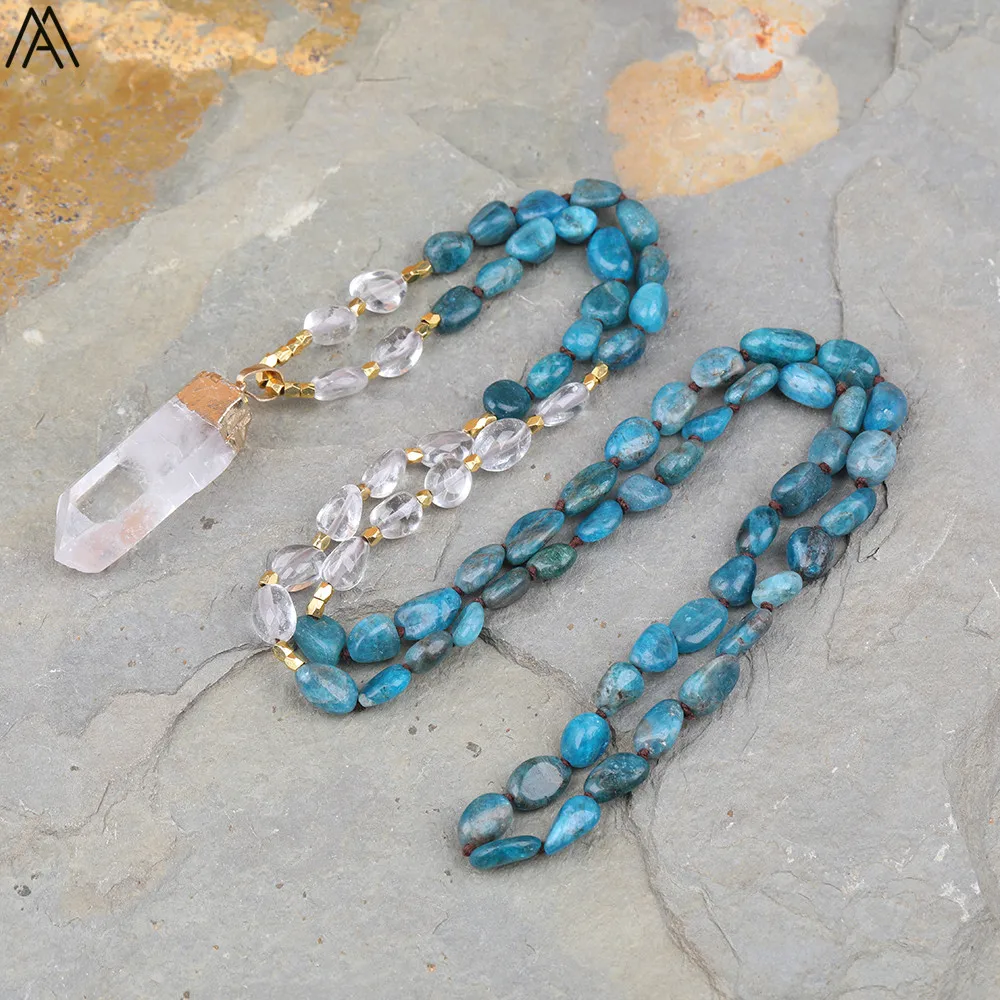 Natural Blue Apatite Nugget Chip Beads Handmade Knot Necklace Women White Quartz Point Bead Yoga Necklace Long 32 Inch