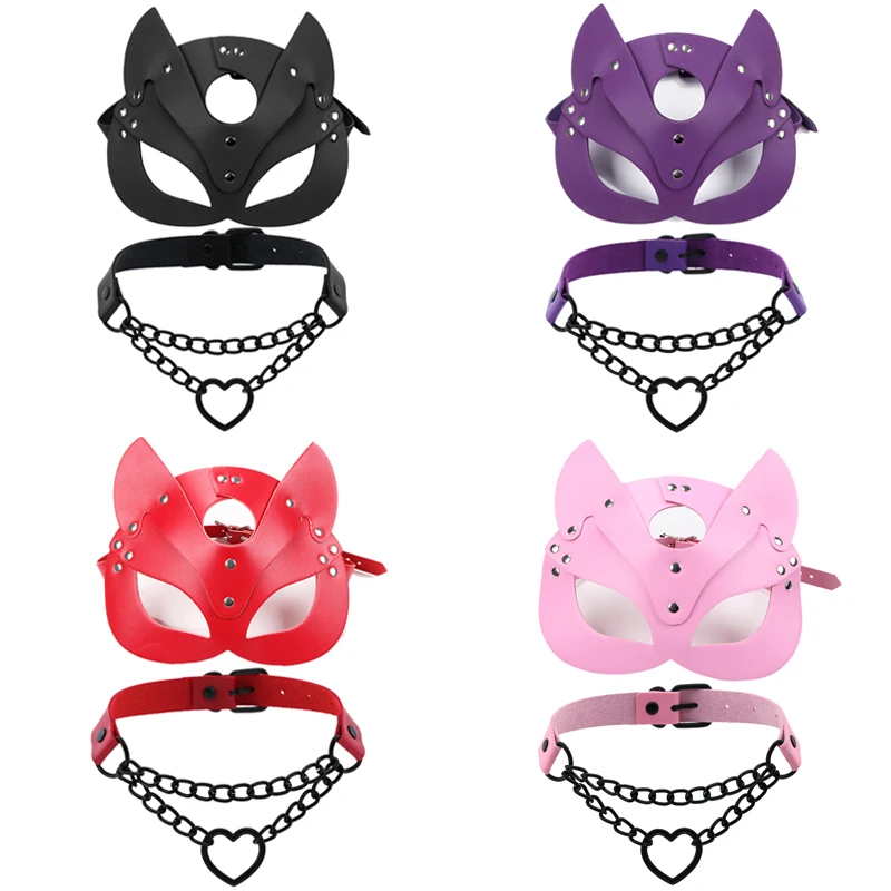 Female Sexy Cat Masks Fetish Wear Erotic Collar BDSM Leather Masks Adjustable Leather Harness Leash Goth Erotic Costumes Cosplay