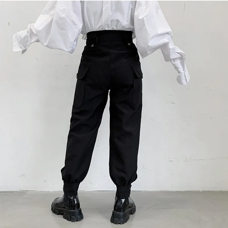 Fashion Men Joggers Pant High Waist Wide Leg Belt Tapered Trousers Metal Disc Black Loose Hip Hop Streetwear Oversize Pants Man