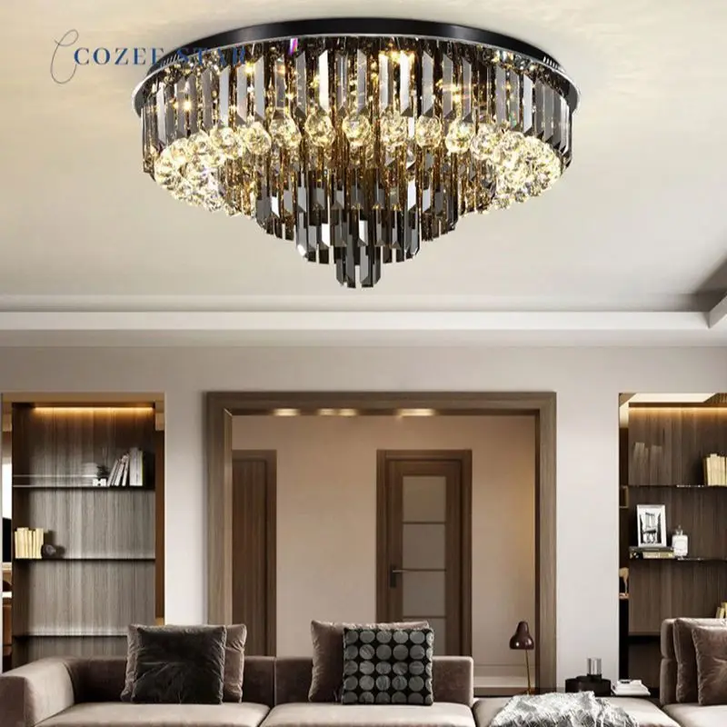 

Luxury LED Ceiling Lights Postmodern Smoky Crystal Stainless Steel Round Chandeliers Lighting Bedroom Living Room Lamps Lustre