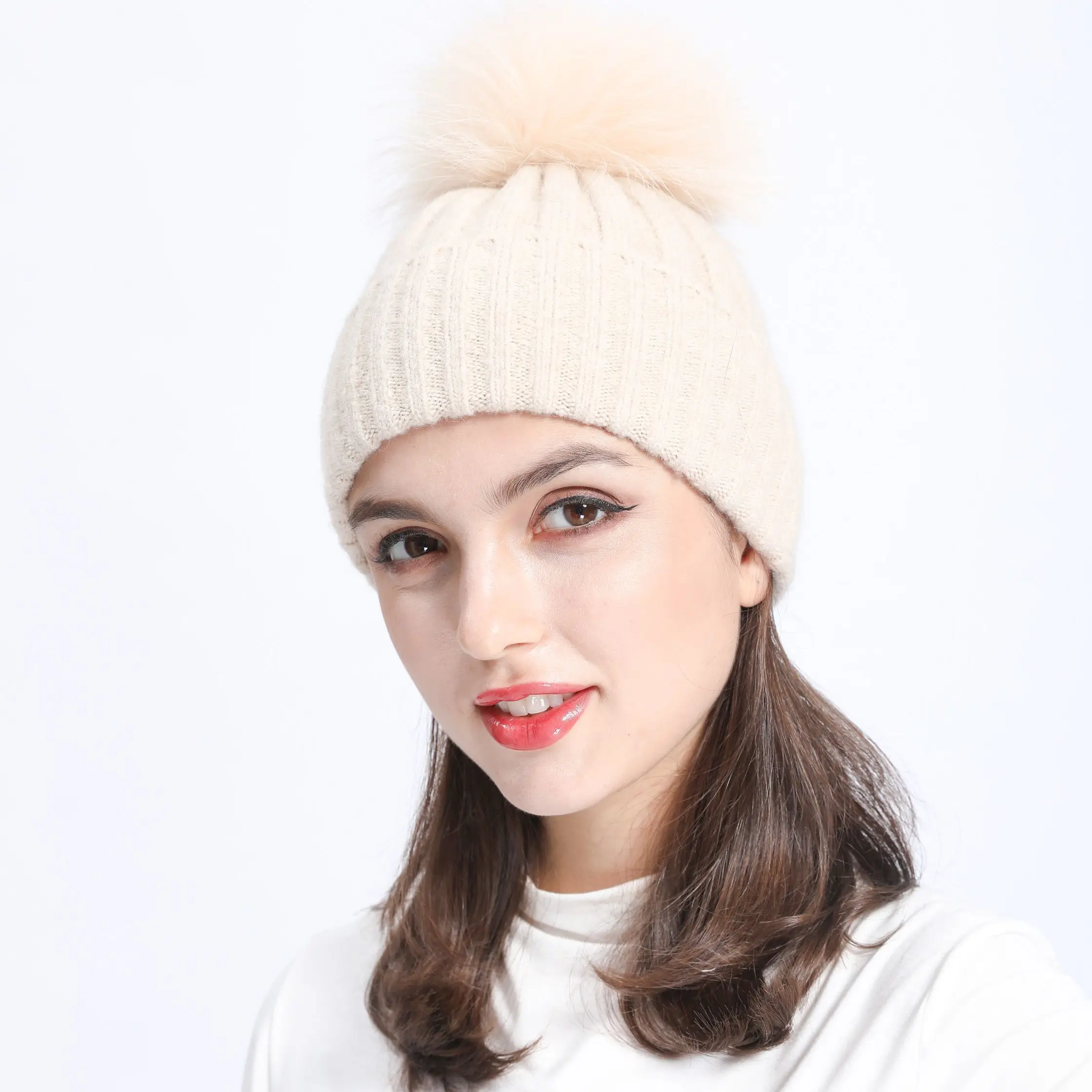 Custom Knit 100% Pure Acrylic Beanie Hat Women Winter Stripe Multicolor Pompom Classical Style