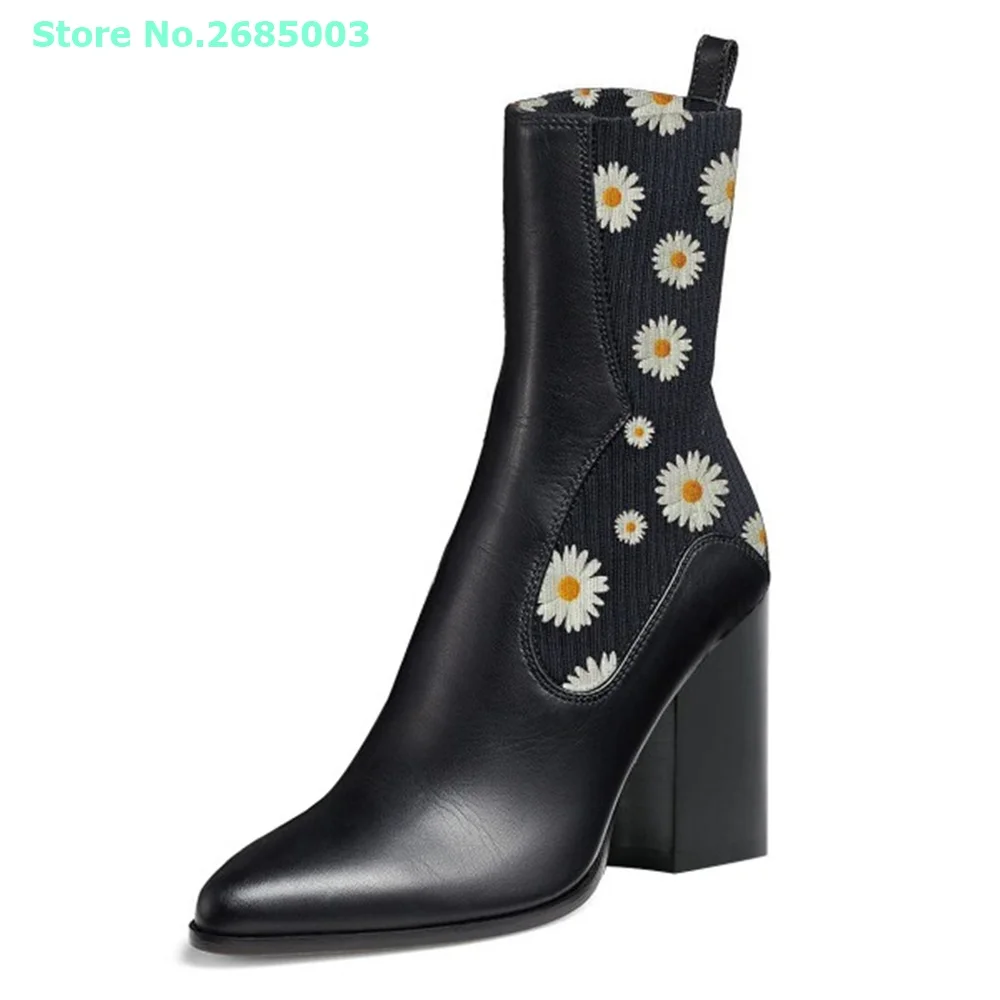 Flowers Print Block Heel Boots Pointed Toe Patchwork Ankle Slip On Leather Short Boots Women Spring Autume Shoes Party Dress