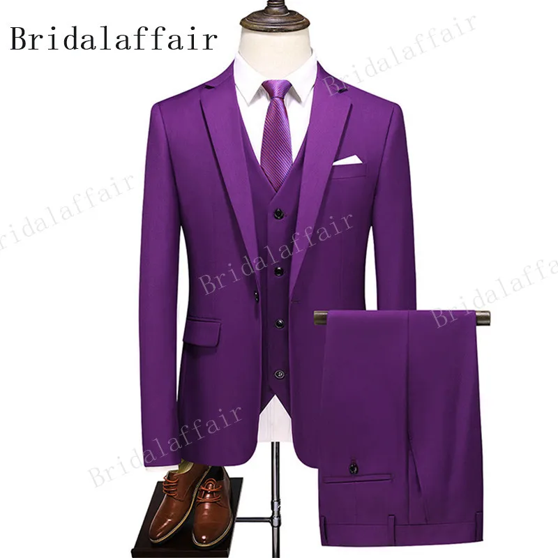 

KUSON Purple suit for men 3 pieces tight one button Notch lapel groomsmen tuxedo Blazer for wedding, Party Blazer vest Pant