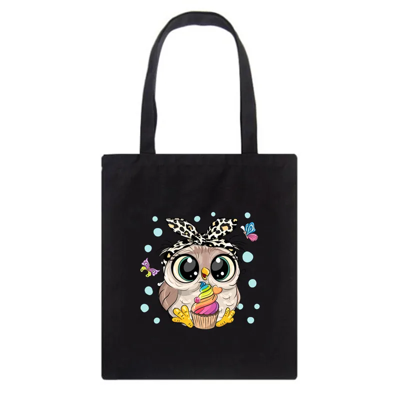 Owl Animal Cute Black Canvas Women Shopping Bags Kawaii Girl Shoulder Cloth Bags Reusable Shopper Teacher Student Book Bags