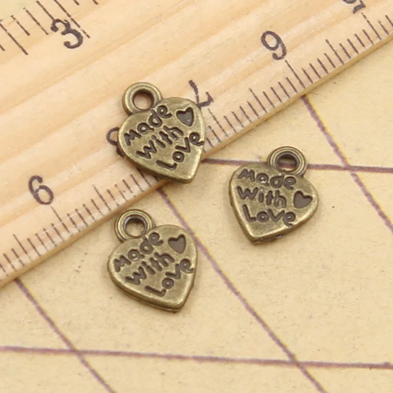 50pcs Charms Heart Made With Love 12x10mm Antique Gold Bronze Silver Color Pendants Making DIY Handmade Tibetan Finding Jewelry