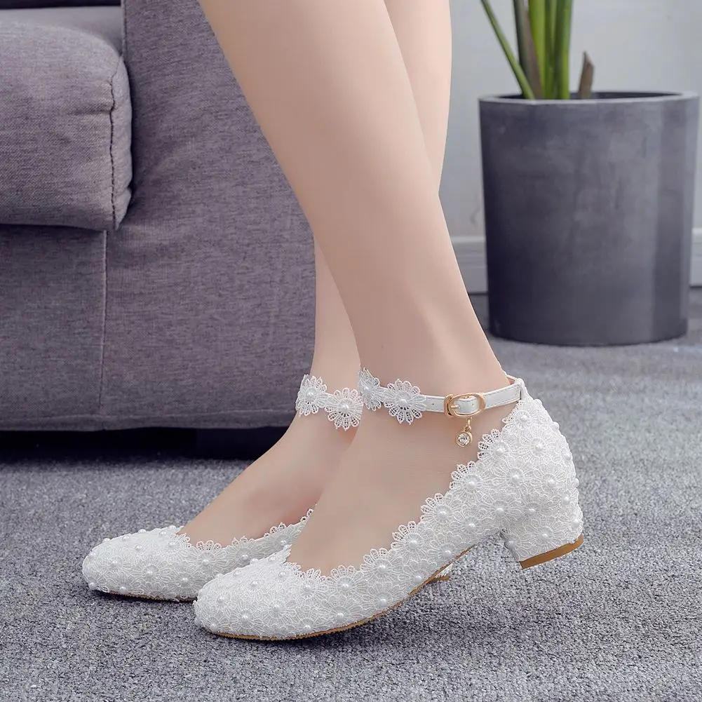 Female Fashion Wedding Shoes Bridesmaid Banquet White Lace Flower Pearl Round Toe Square High Heels Women\'s Bridal Pumps H0083