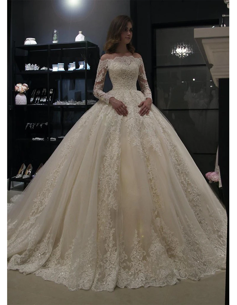 Robe de mariée de princesse à manches longues, tenue de bal, épaules dénudées, à la mode