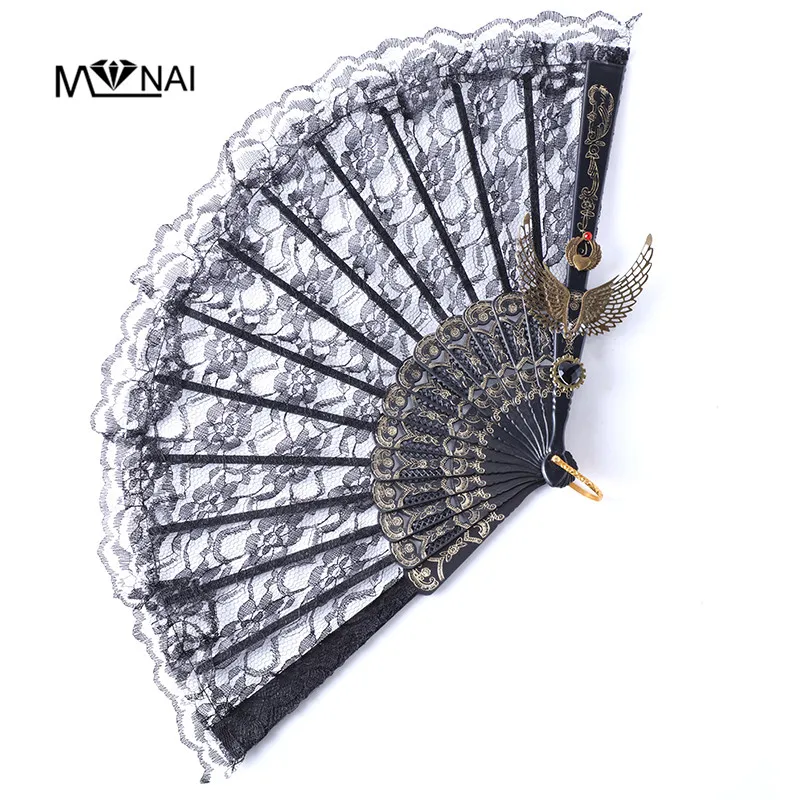 Gothic Zwarte Retro Kant Ventilator Vleugels Bloem Hanger Lolita Fotografische Prop Vouwen Fan Cosplay Party Fancy Dress