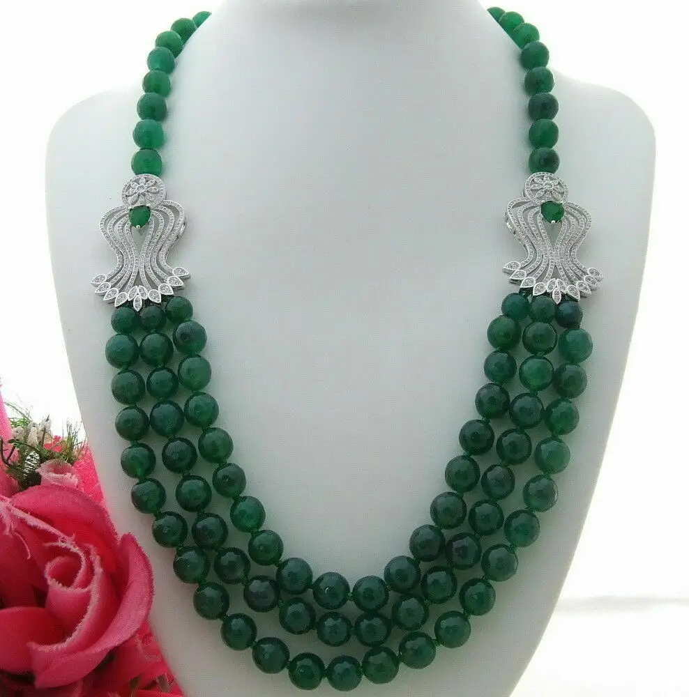 3Stands Green or Red Round Agate CZ Pendant Necklace