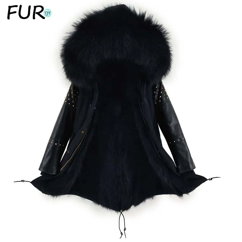 

Women Long Parka Natural Real Fox Fur Collar Winter Jacket Hood Coat Rivet Mongolia Sheep Fur Leather Sleeve Outerwear Detachabl