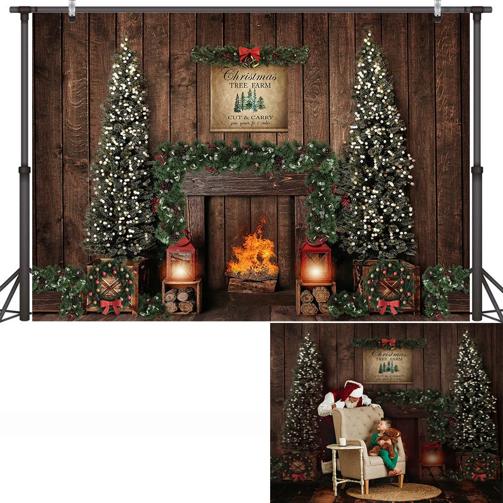 Giáng Sinh Lò Sưởi Phông Nền Chụp Ảnh Cây Giáng Sinh Vintage Gỗ Mộc Mạc Treo Tường Quà Giáng Ảnh Nền Windows Mùa Đông Photocall