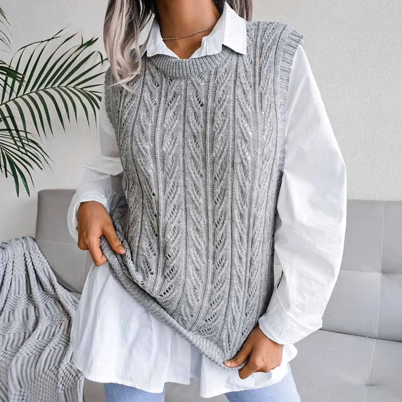 Sleeveless Hollow Leaf Pullover Women Vest Sweater Casual Knitted Sweater Autumn Winter Round Neck Women Vest Solid Tops 18139