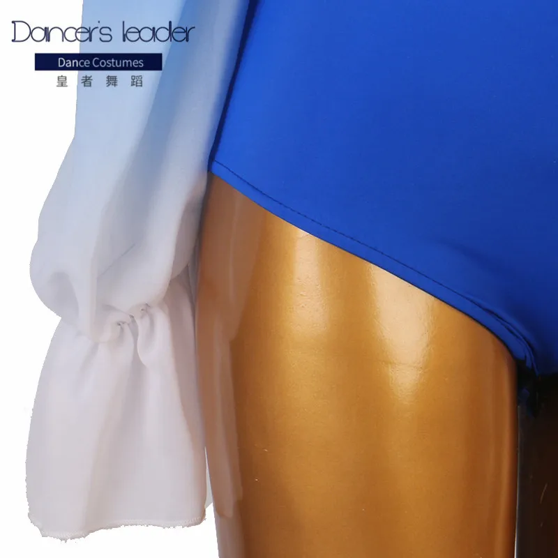 High-end Custom Latin Dance Tops Royal blue Lantern Sleeves Chacha Tango Female Adult Girls Practice Clothing