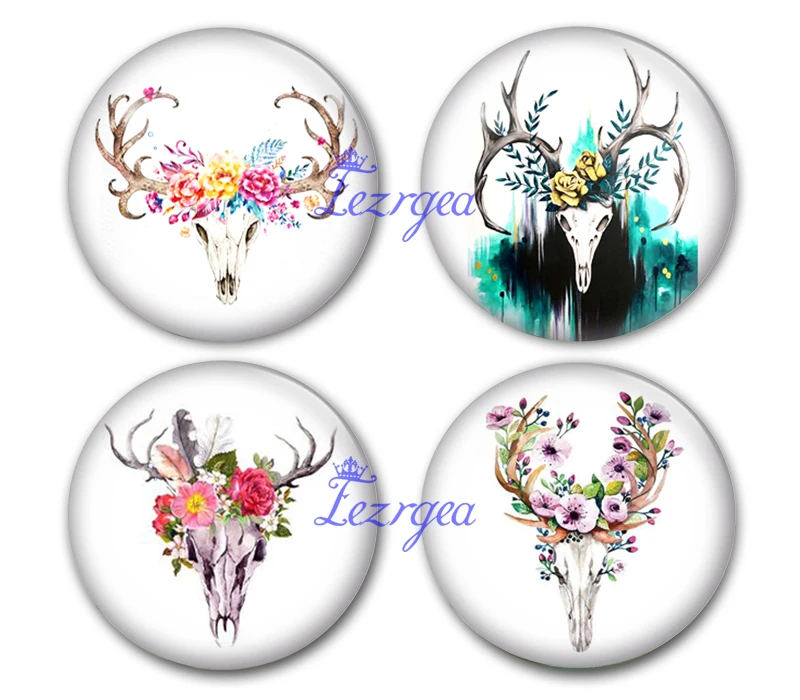 Handmade Round Skull Deer Head And Flower Photo Glass Cabochons Antlers Jewelry Finding Cameo Pendant Settings