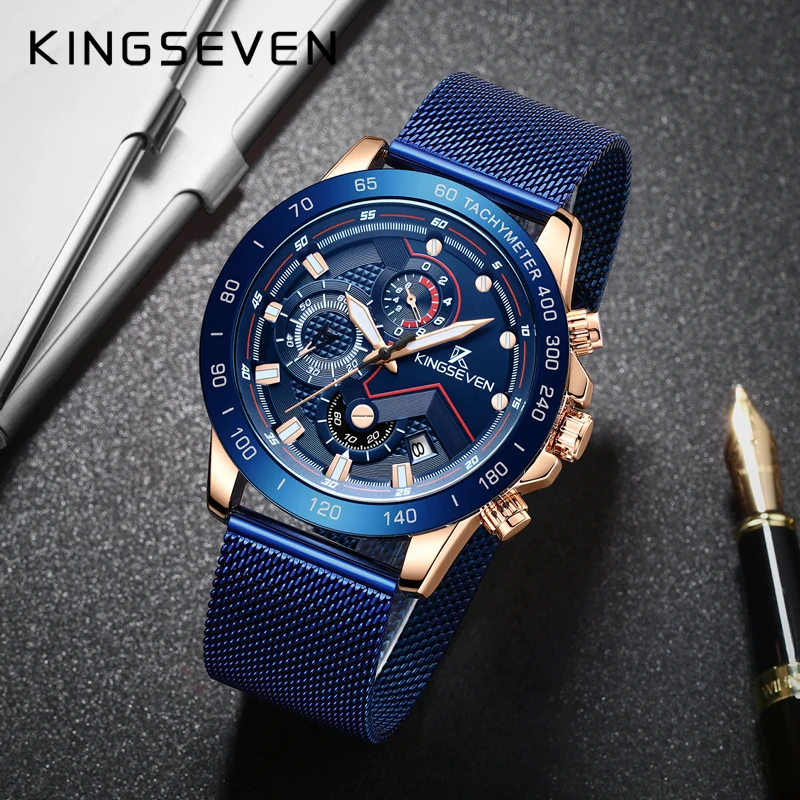 KINGSEVEN New Fashion Watches with Stainless Steel Top Brand Luxury Sports Chronograph Quartz Watch Men Relogio Masculino