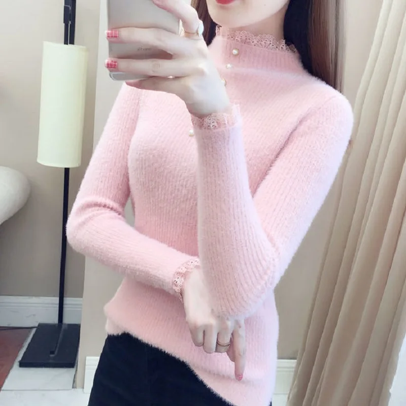 

TuangBiang 2021 Lace Splicing Mock Neck Pullover Long Sleeve Beading Thick Sweater Keep Warm Winter Imitation Mink Velvet Jumper