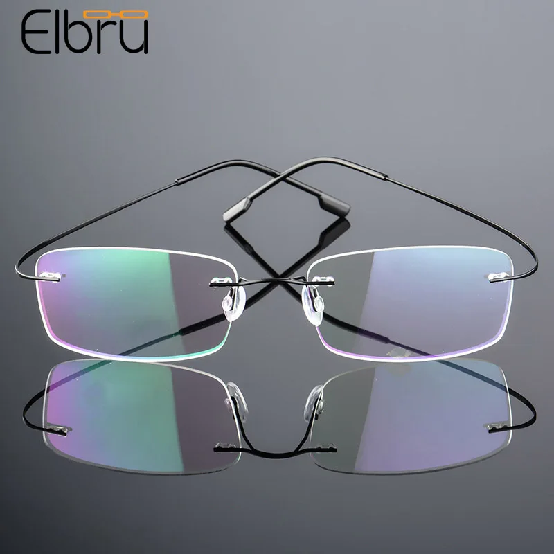 Elbru Vintage Ultralight Rimless Glasses Frame Women Men High Quality Titanium Alloy Eyewear Stretch Metal Temple TR90 Eyeglass