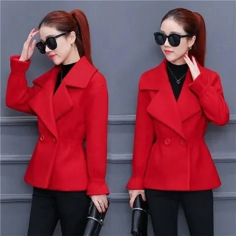 150cm Small Woman Jacket Blended Woolen Coat Autumn Winter Short Woolen Coat Korean Style Thick Slim Red Outerwear Female Tops