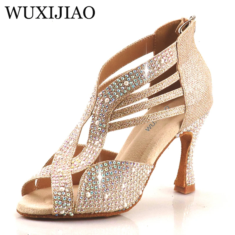 WUXIJIAO-zapatos de baile latino para mujer, calzado de tacón alto de 5CM-10CM, con suela suave y diamantes de imitación, para Tango, Salsa, Rumba y