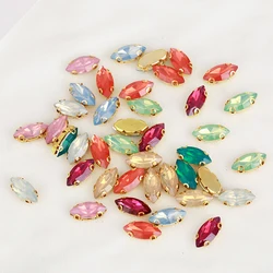 20pcs Navette Mixed Color White/Pink/Green/Blue Opal Rhinestone Gold Claw Sew-on Stones Jewel Beads for Garment  DIY Accessories