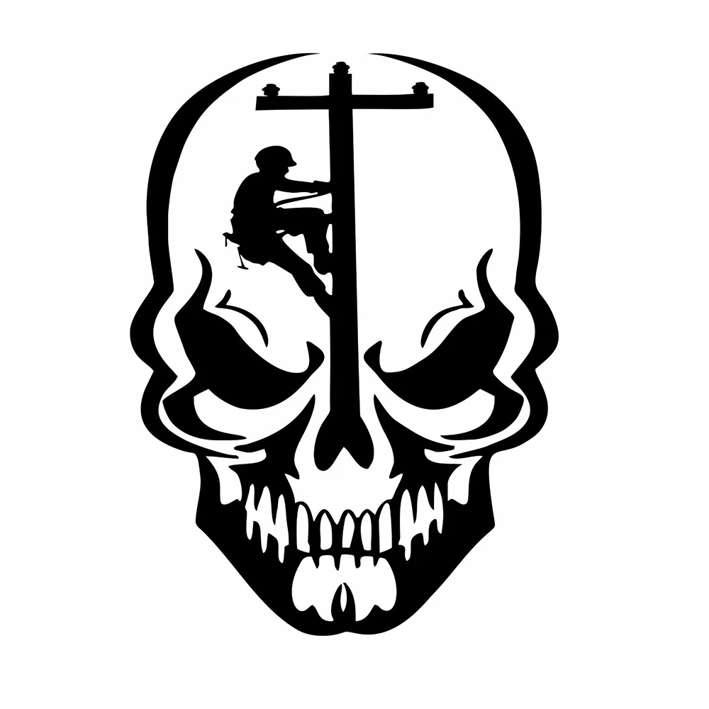 Skeleton line worker, utility pole, truck window, bumper, laptop, decorative vinyl, car sticker