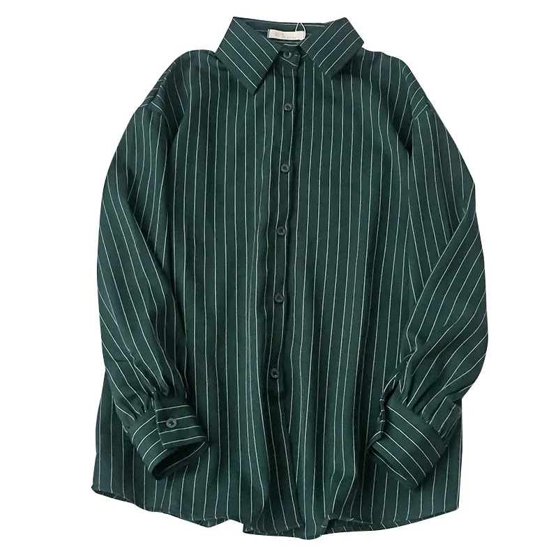 Autunno Retrò A Righe A Manica Lunga Camicetta delle Donne di Stile Coreano Streetwear Vintage Button Up Delle Signore Della Camicia di Modo Femminile Verde Magliette E Camicette