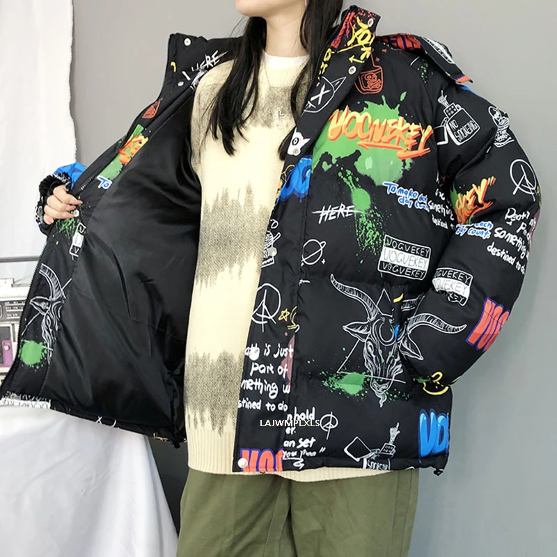 Down Cotton Jackets Hooded Female Thick Warm 2022 Graffiti Print Streetwear Winter Jacket Women Loose Coat