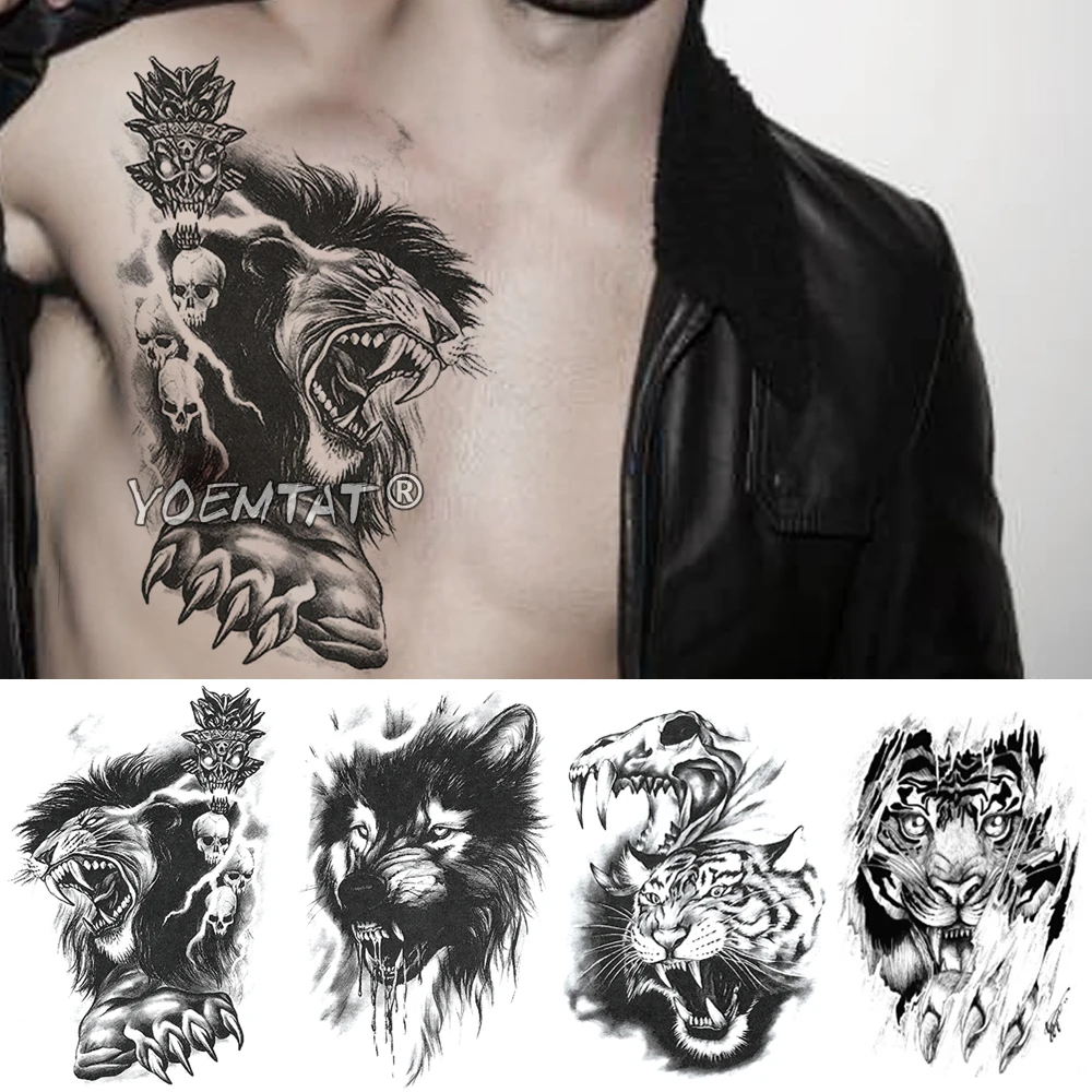 

Crown Skull Forest Tiger Temporary Tattoo Sticker Lion Wolf Waterproof Tatto Warrior Soldier Body Art Arm Fake Tatoo Men Women