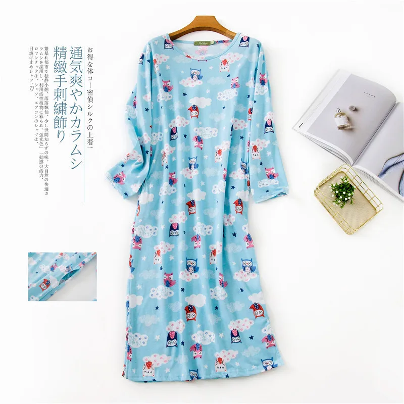 참신 여성 Nightdress 가을 긴 소매 100% 코튼 레이디 지방 러블리 잠옷 Homewear 캐주얼 느슨한 o-넥 Nightdress