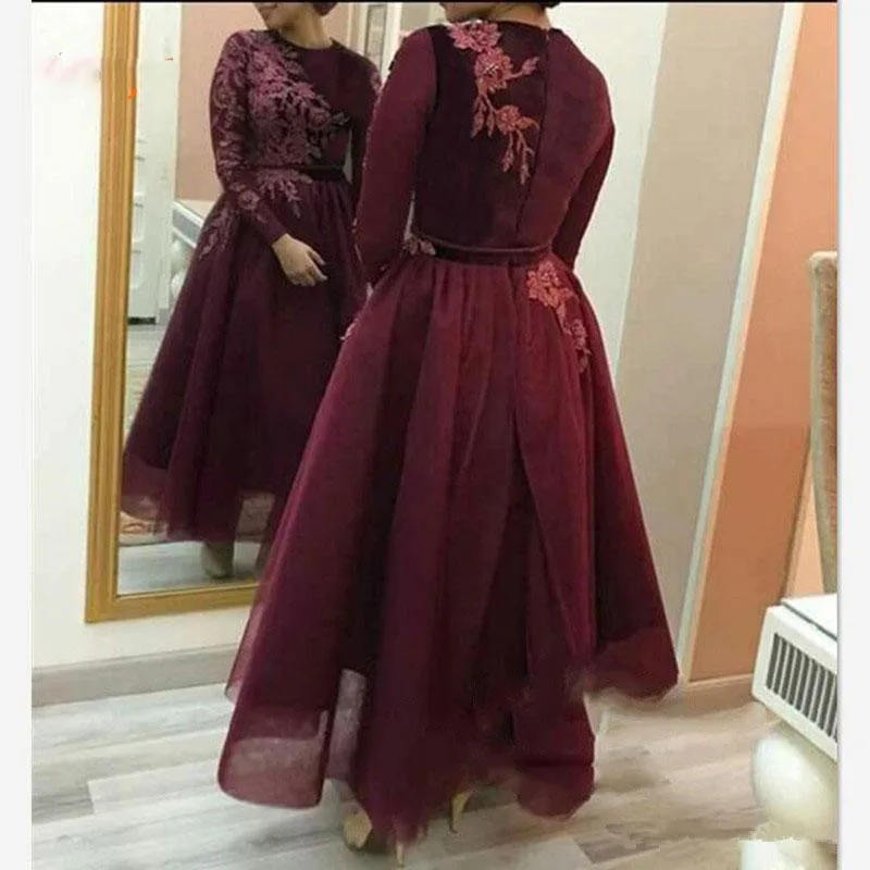 Burgundy Tulle สายชุดราตรี 2020 ชุดราตรียาวแขน Abaya อาหรับผู้หญิงลูกไม้ Appliques ข้อเท้าความยาวชุดราตรี