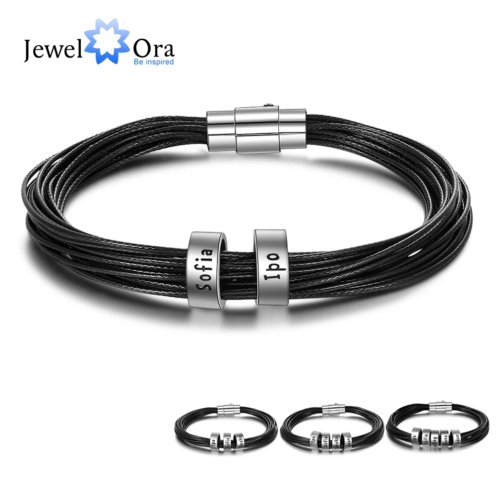 

JewelOra Personalized Men Leather Bracelet with Name Beads Customized Charm Bracelets & Bangles Gift for Family Male Jewelry