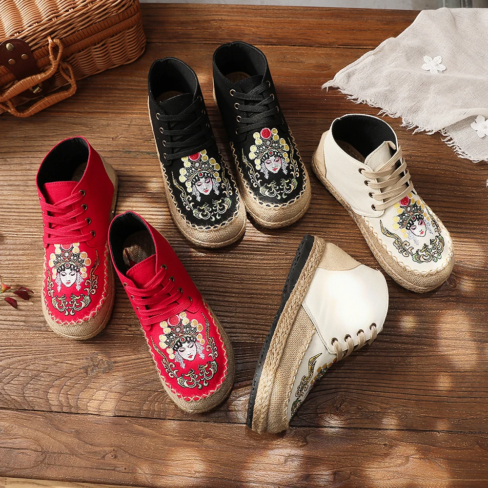 Veowalk Cartoon Embroidery Women Linen Cotton Lace Up Booties Autumn Boots Comfortable High Top Espadrilles Flat Sneakers Shoes